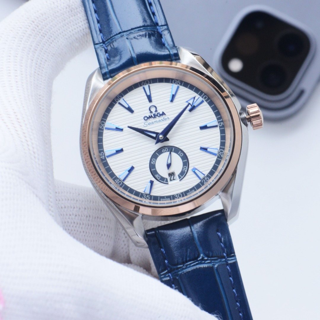 OMEGA Blue Rose Gold White Dial Leather Strap Watch