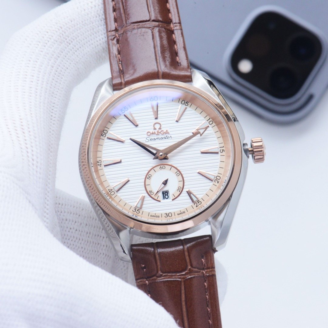 OMEGA Brown Rose Gold White Dial Leather Strap Watch