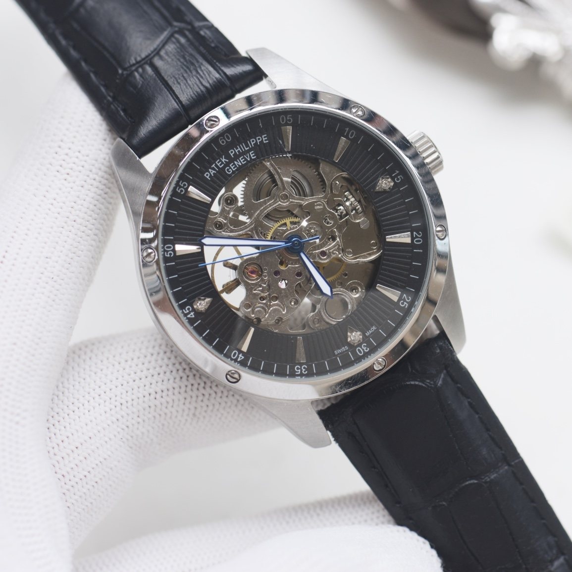PATEK PHILIPPE Silver Black Dial Leather Strap Watch