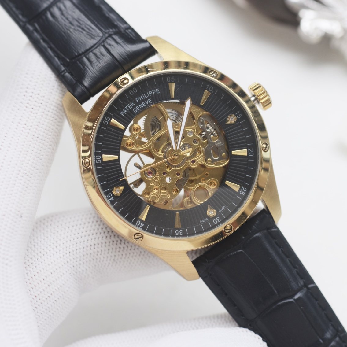 PATEK PHILIPPE Gold Black Dial Leather Strap Watch