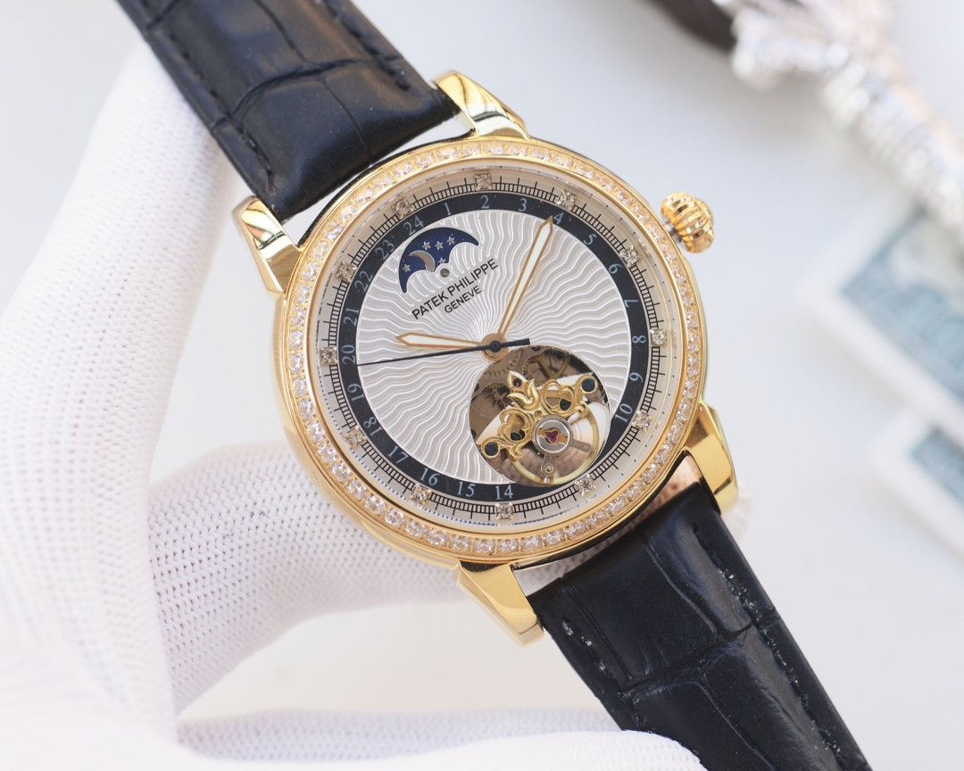 Patek Philippe Black Gold White Dial Leather Strap Watch