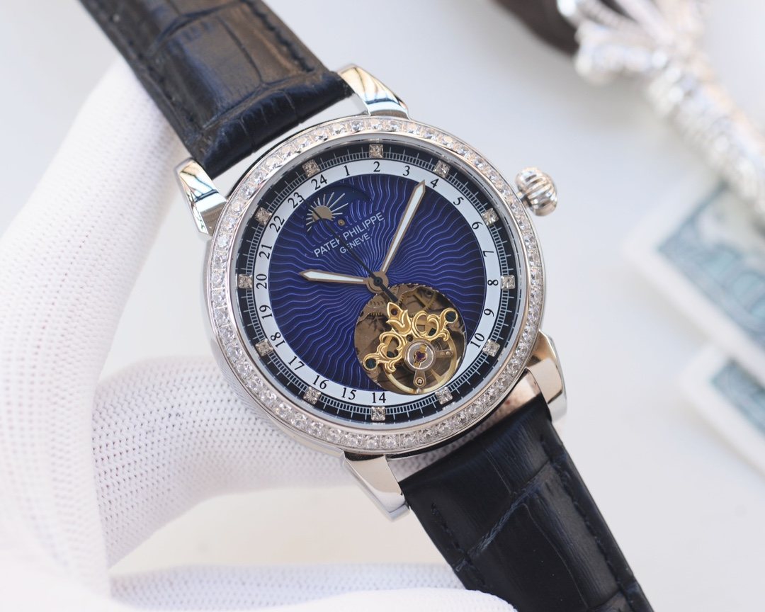 Patek Philippe Black Silver Blue Dial Leather Strap Watch