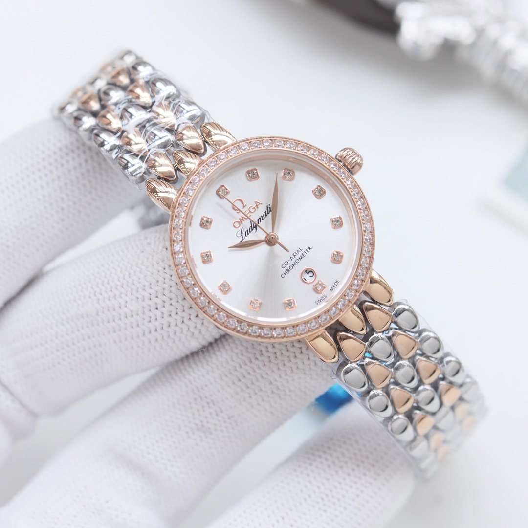 Omega Two Tone Rose Gold White Dial Bracelet Watch