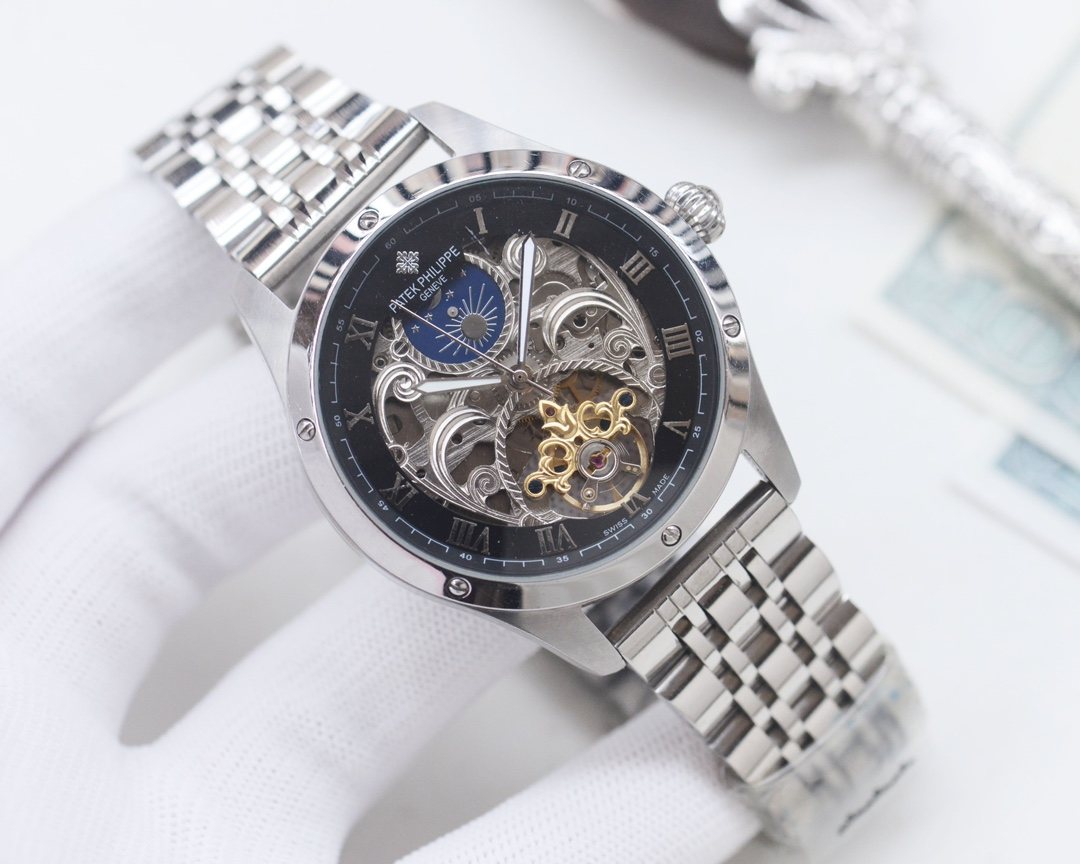 Patek Philippe Silver Black Bracelet Watch