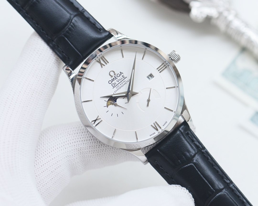Omega White Dial Leather Strap Watch