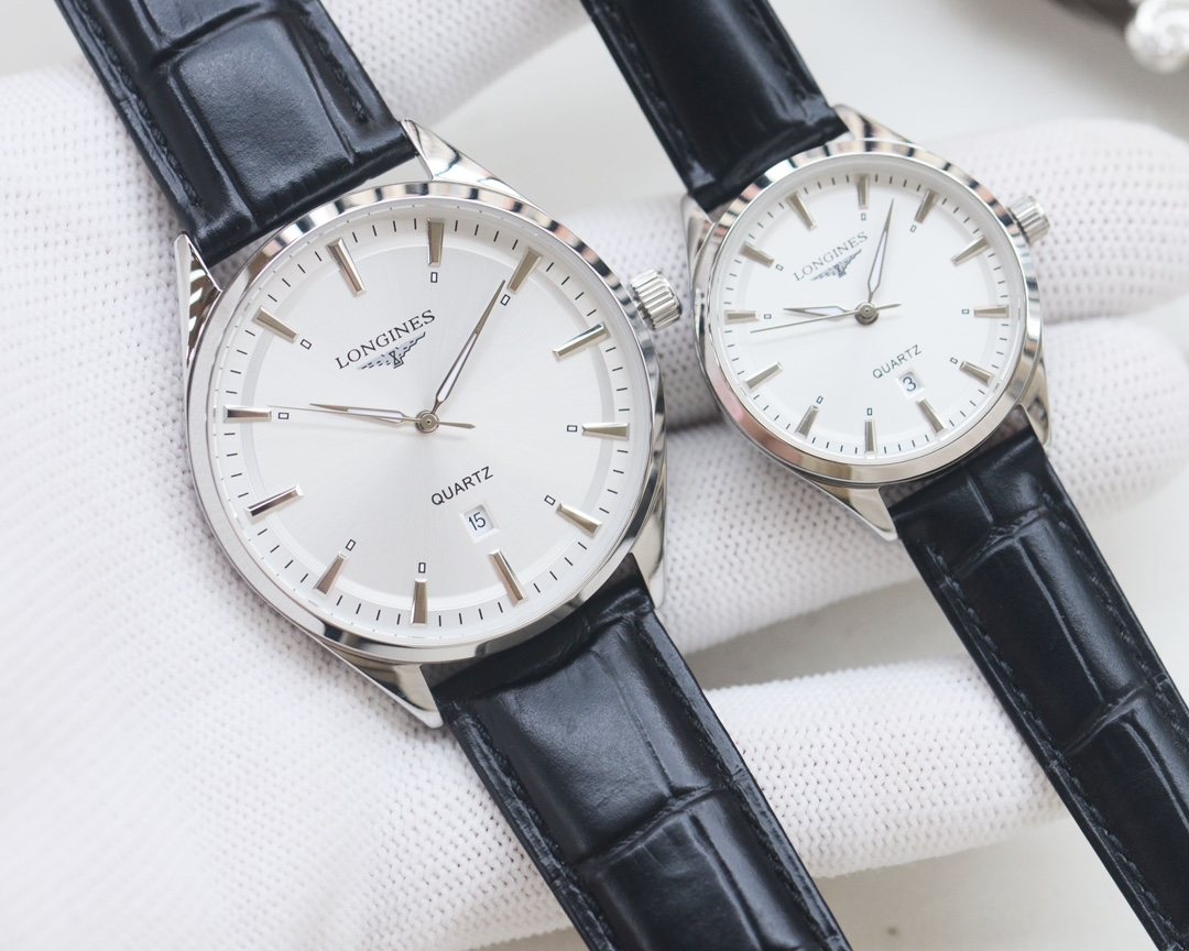 Longines Silver Black White Dial Leather Couple Watch Set