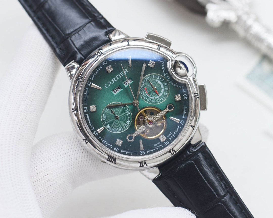 Cartier Silver Black Green Dial Strap Watch