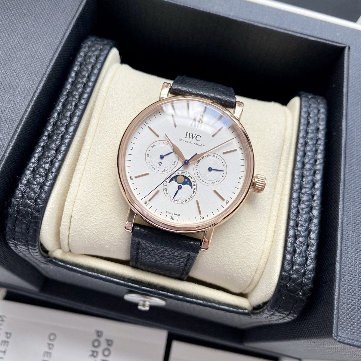 IWC Rose Gold Black White Dial Strap Watch