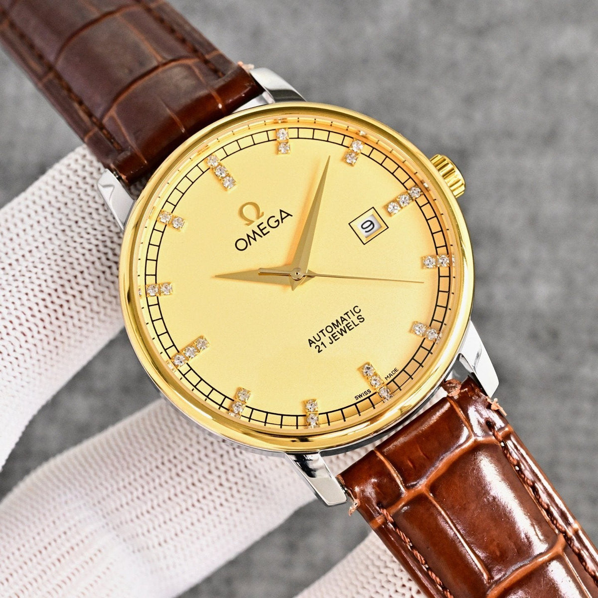 Omega Two Tone Brown Strap Watch