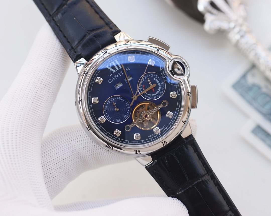 Cartier Silver Black Blue Dial Strap Watch