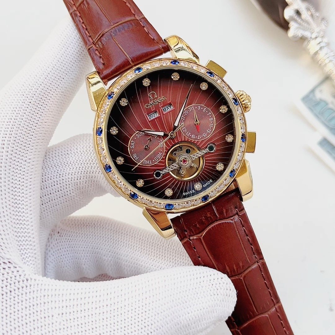 OMEGA Burgundy Dial Gold-Tone Watch