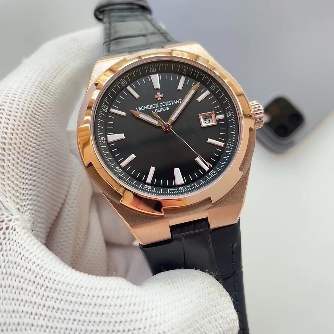 Vacheron Constantin Black Dial Leather Strap Watch