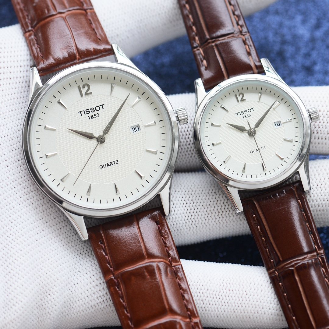 Tissot Brown Silver White Dial Strap Couple Watch Set