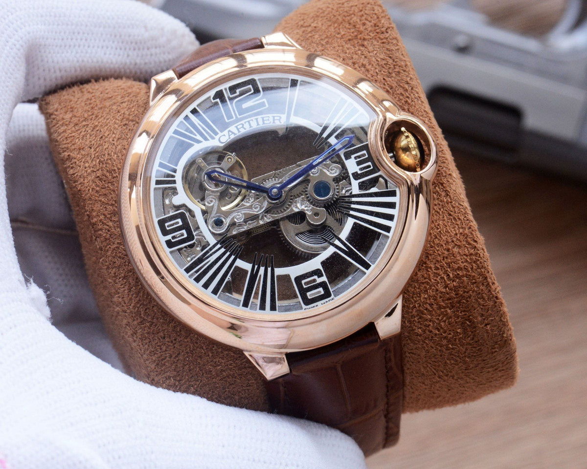 Cartier Rose Gold Brown Silver Dial Leather Strap Watch