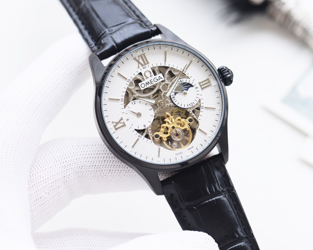 OMEGA Black Silver White Dial Strap Watch