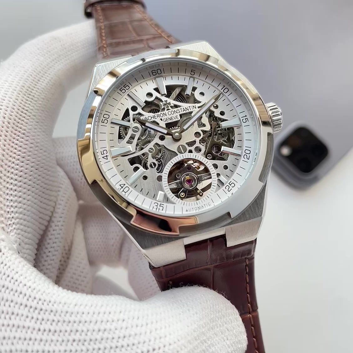 Patek Philippe Skeleton Dial Leather Strap Watch