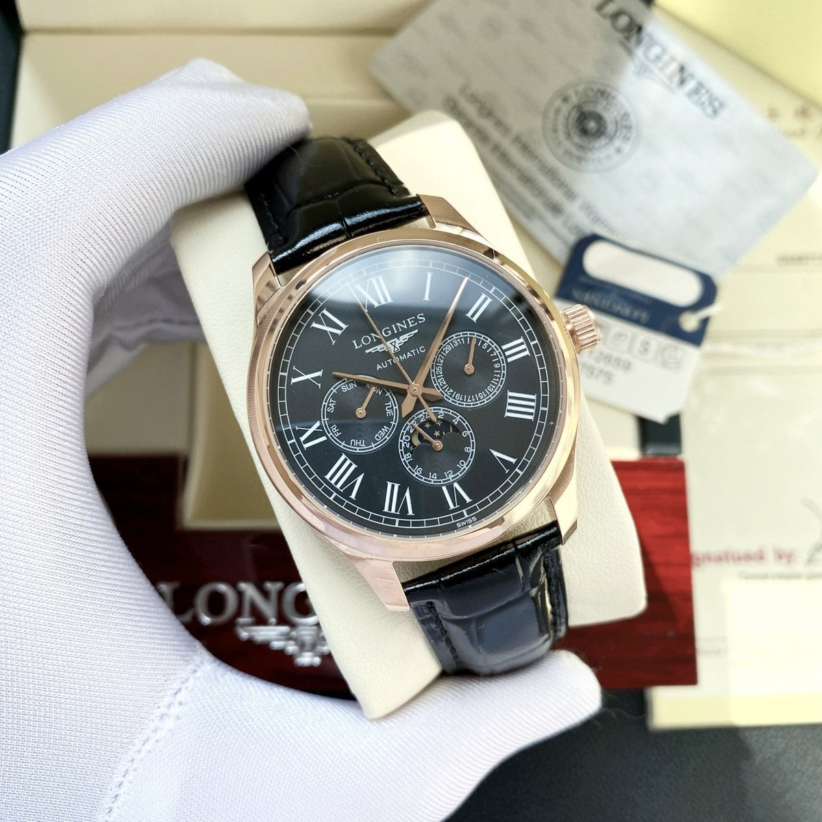 Longines Rose Gold Black Dial Strap Watch