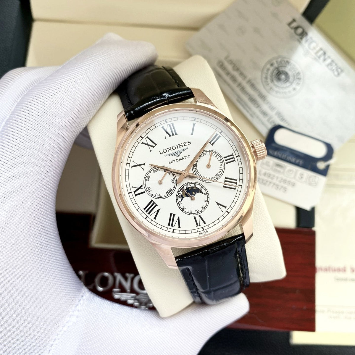 Longines Rose Gold Black White Dial Strap Watch