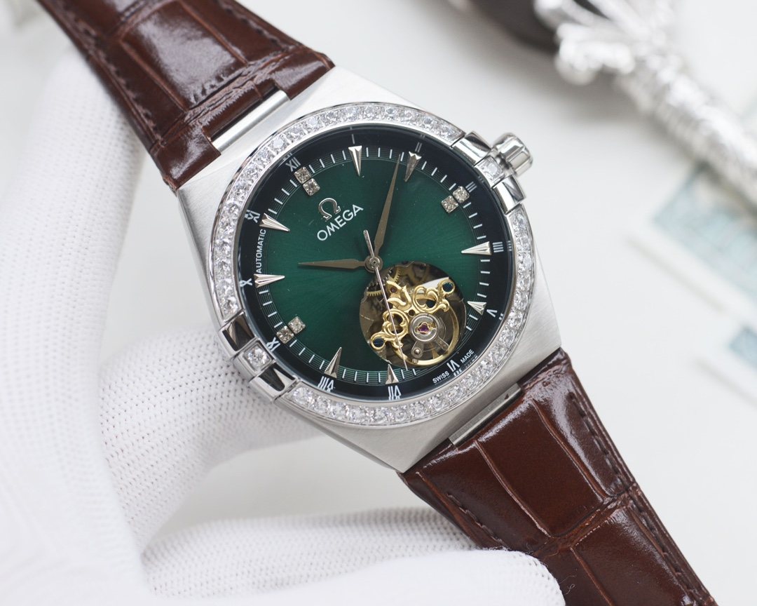 OMEGA Silver Brown Green Dial Strap Watch