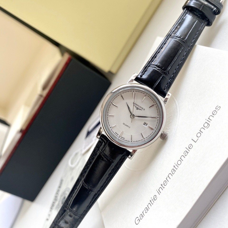 Longines White Dial Black Leather Strap Watch