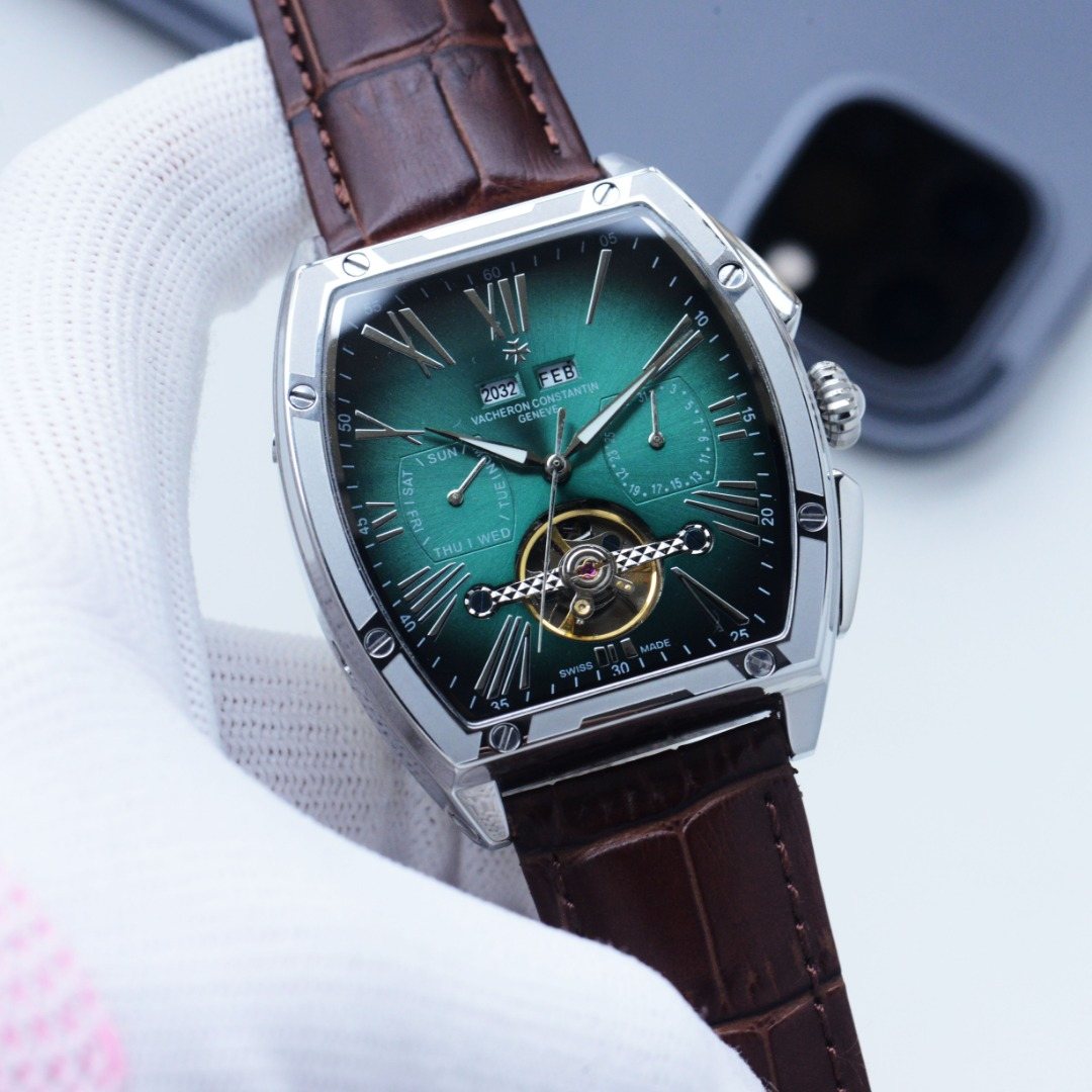 Vacheron Constantin Silver Brown Strap Watch