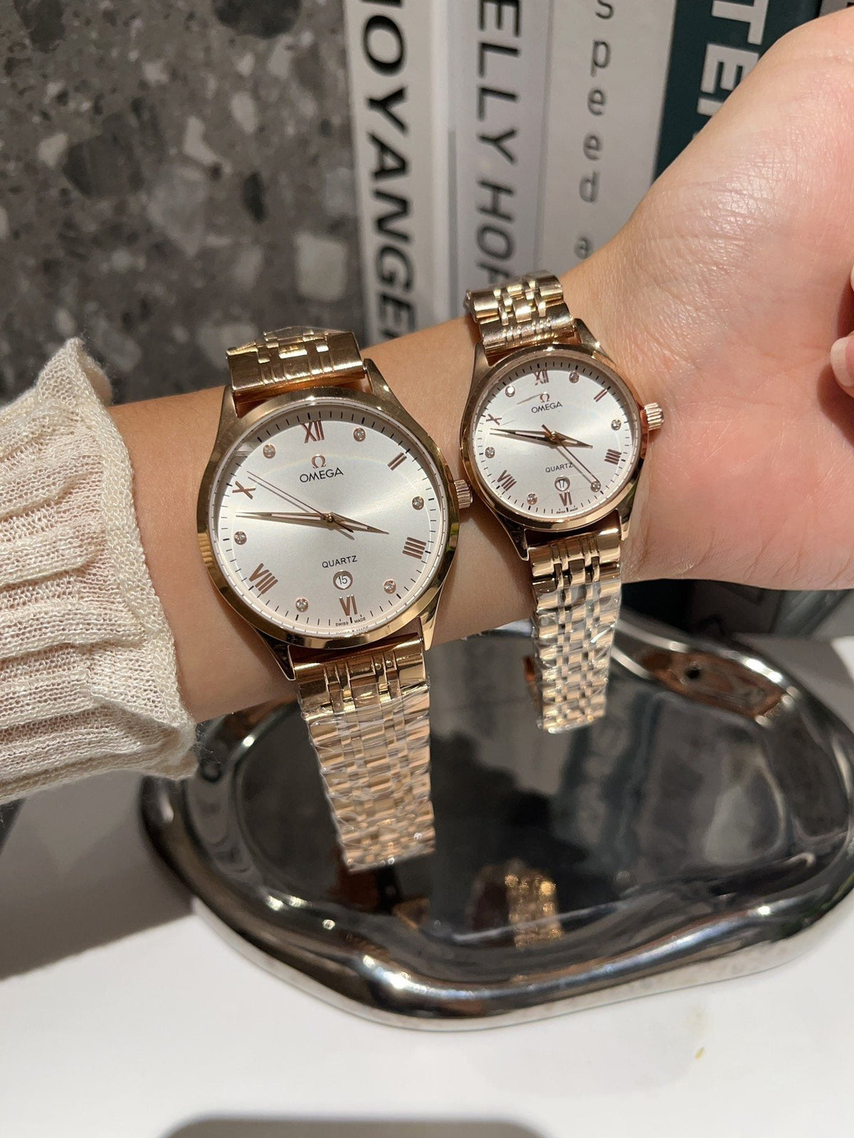 Omega Gold White Dial Bracelet Couple Watch Set