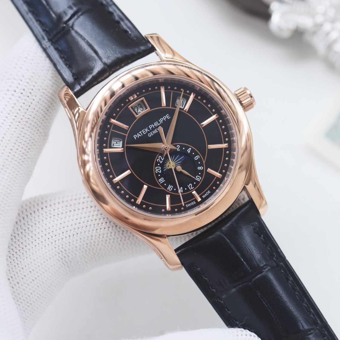 Patek Philippe Rose Gold Black Dial Leather Strap Watch