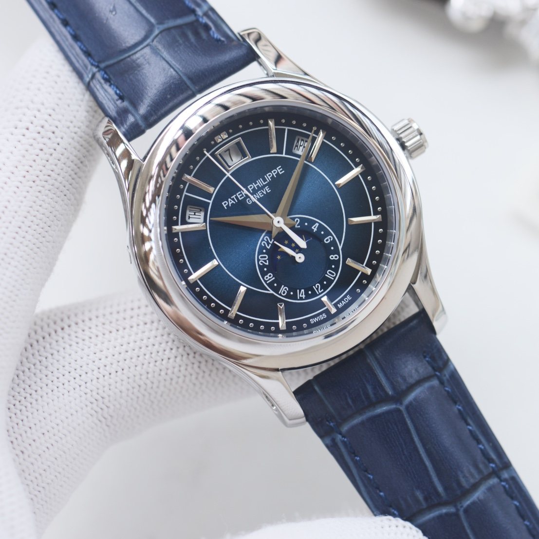 Patek Philippe Silver Blue Dial Leather Strap Watch