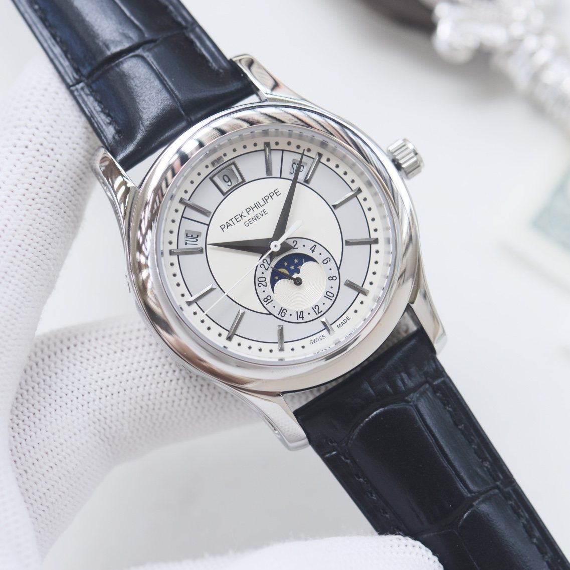 Patek Philippe Silver Black White Dial Leather Strap Watch