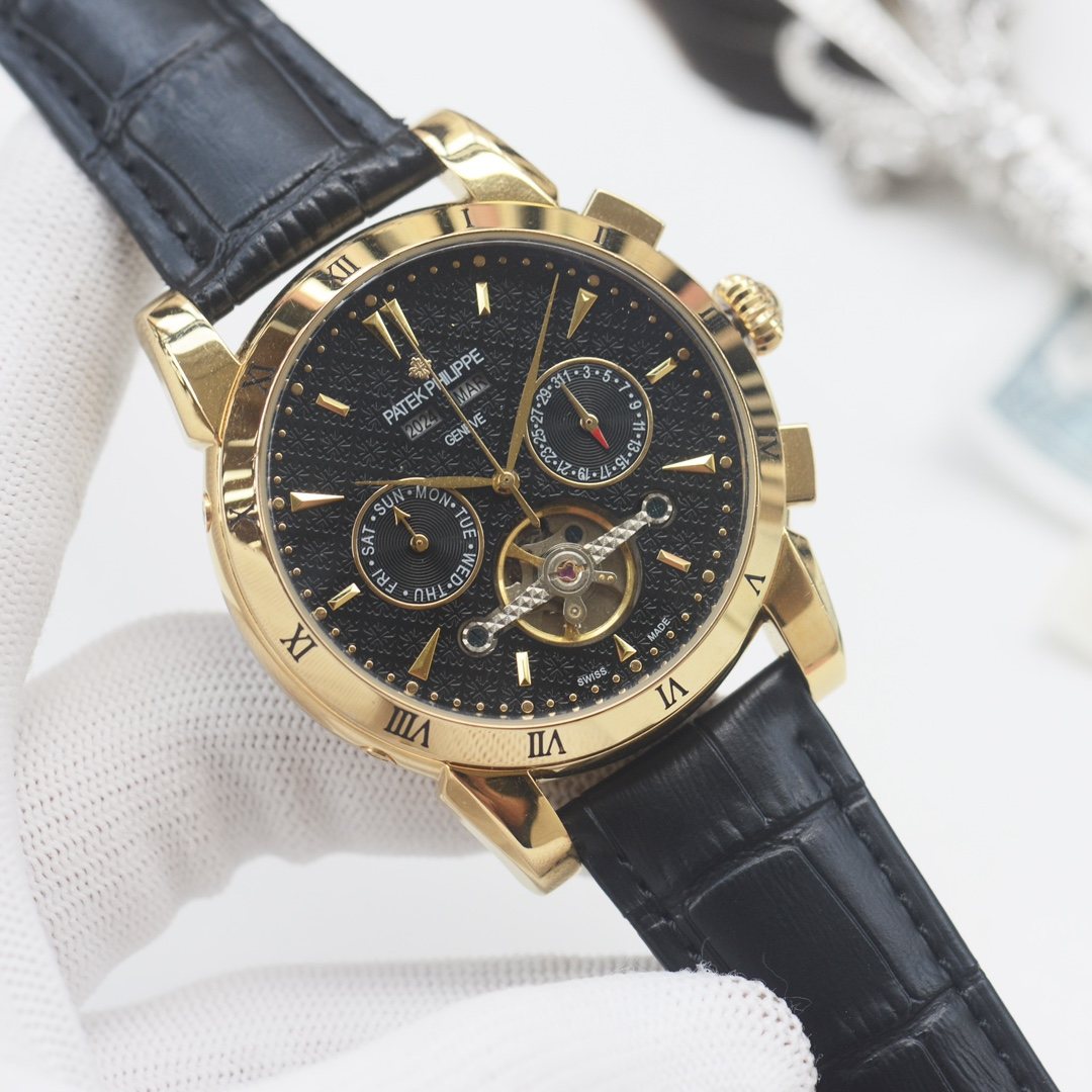 PATEK PHILIPPE Gold Black Dial Leather Strap Watch