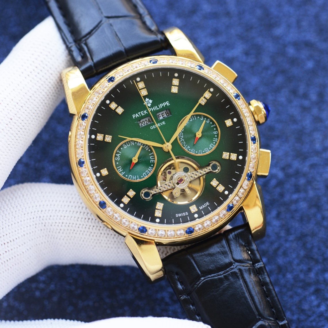 Patek Philippe Gold Black Green Dial Leather Strap Watch