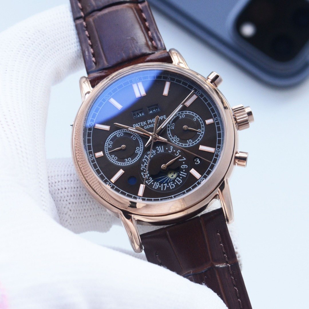 Patek Philippe Rose Gold Brown Black Dial Leather Strap Watch