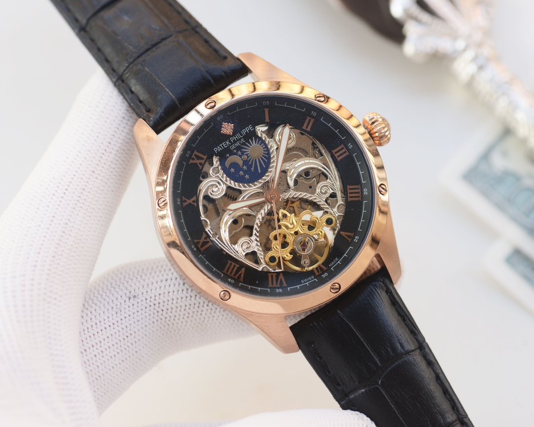 Patek Philippe Rose Gold Black Dial Leather Strap Watch