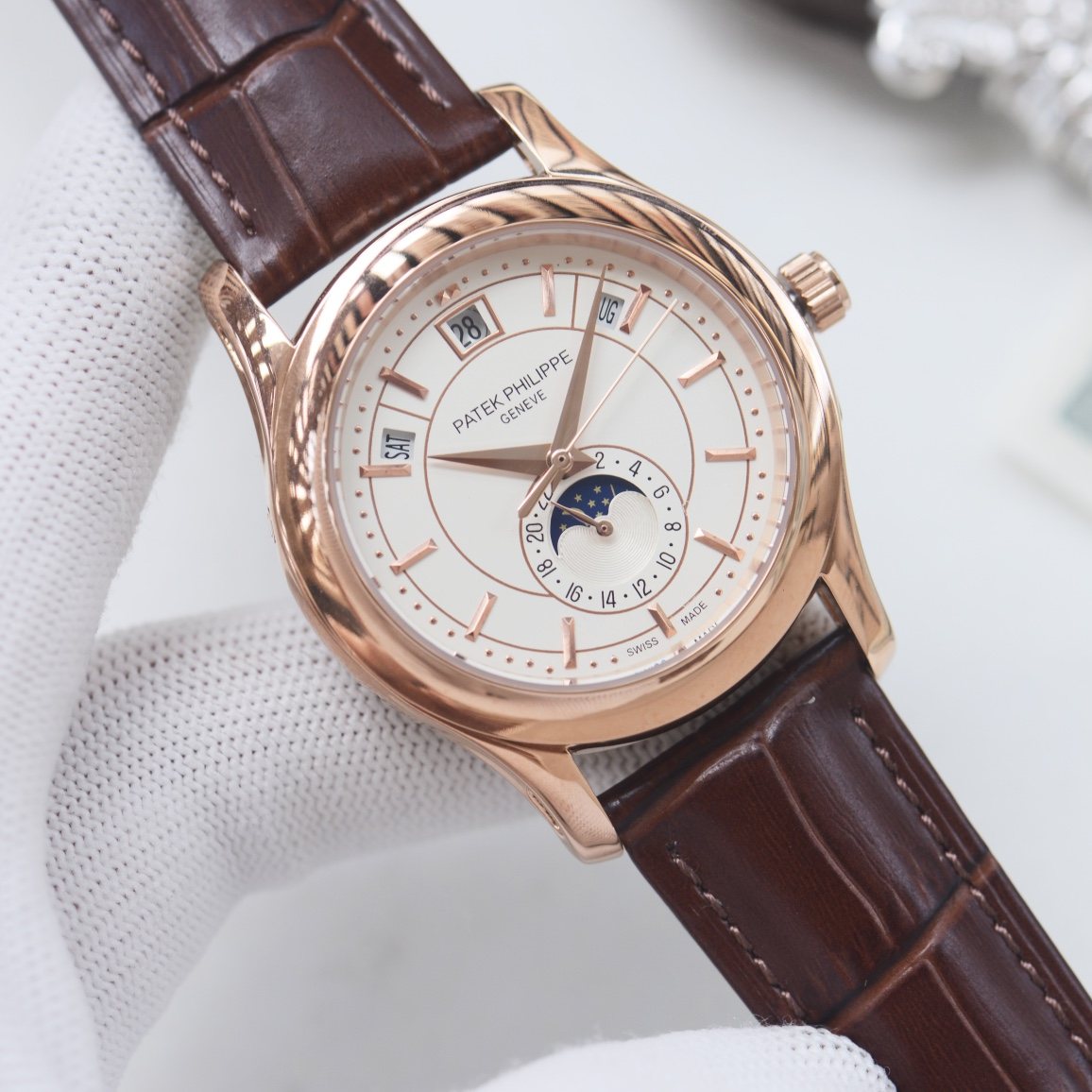 PATEK PHILIPPE Rose Gold Brown White Dial Strap Watch