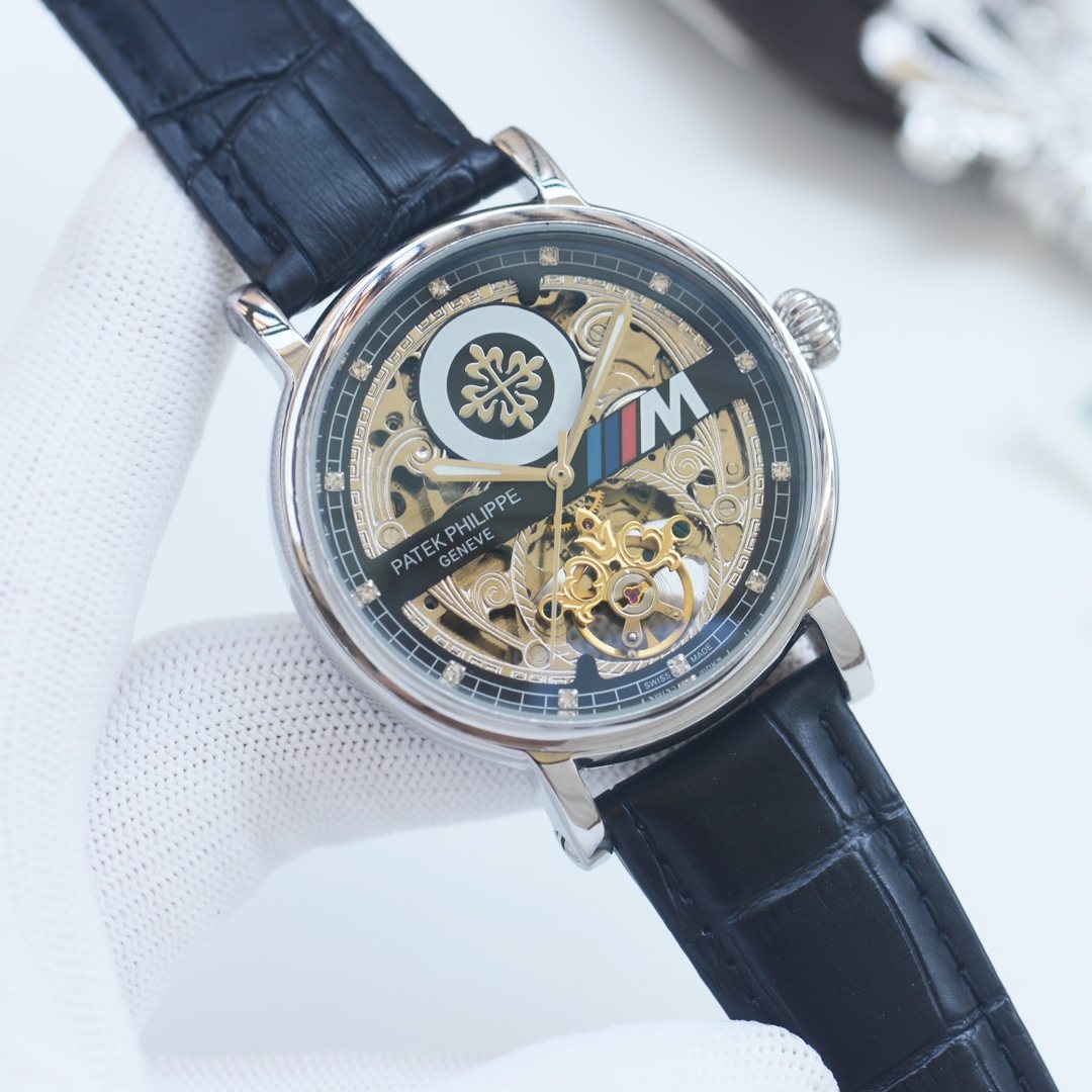 Patek Philippe Silver Black Strap Watch