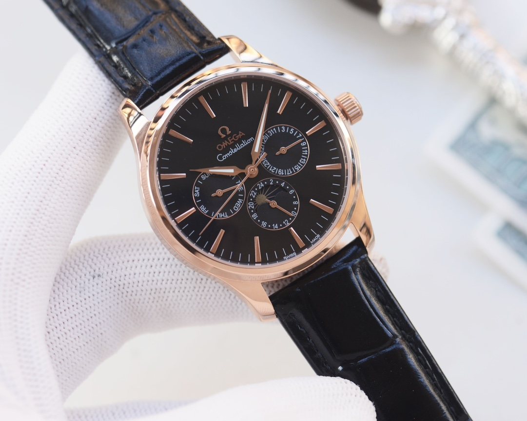 Omega Rose Gold Black Dial Leather Strap Watch