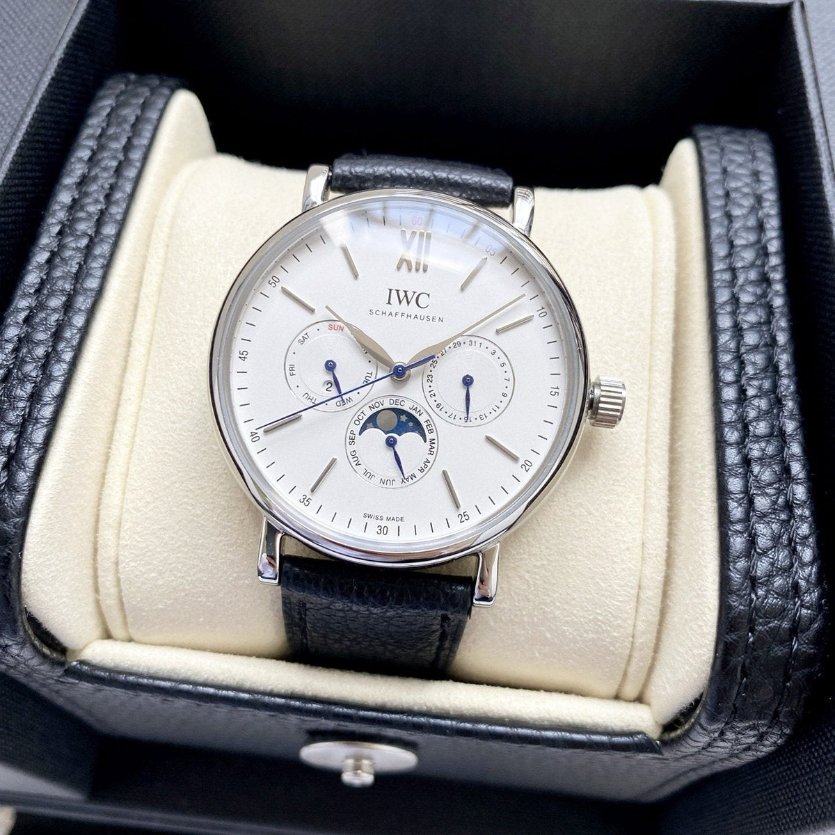 IWC Silver Black White Dial Leather Strap Watch