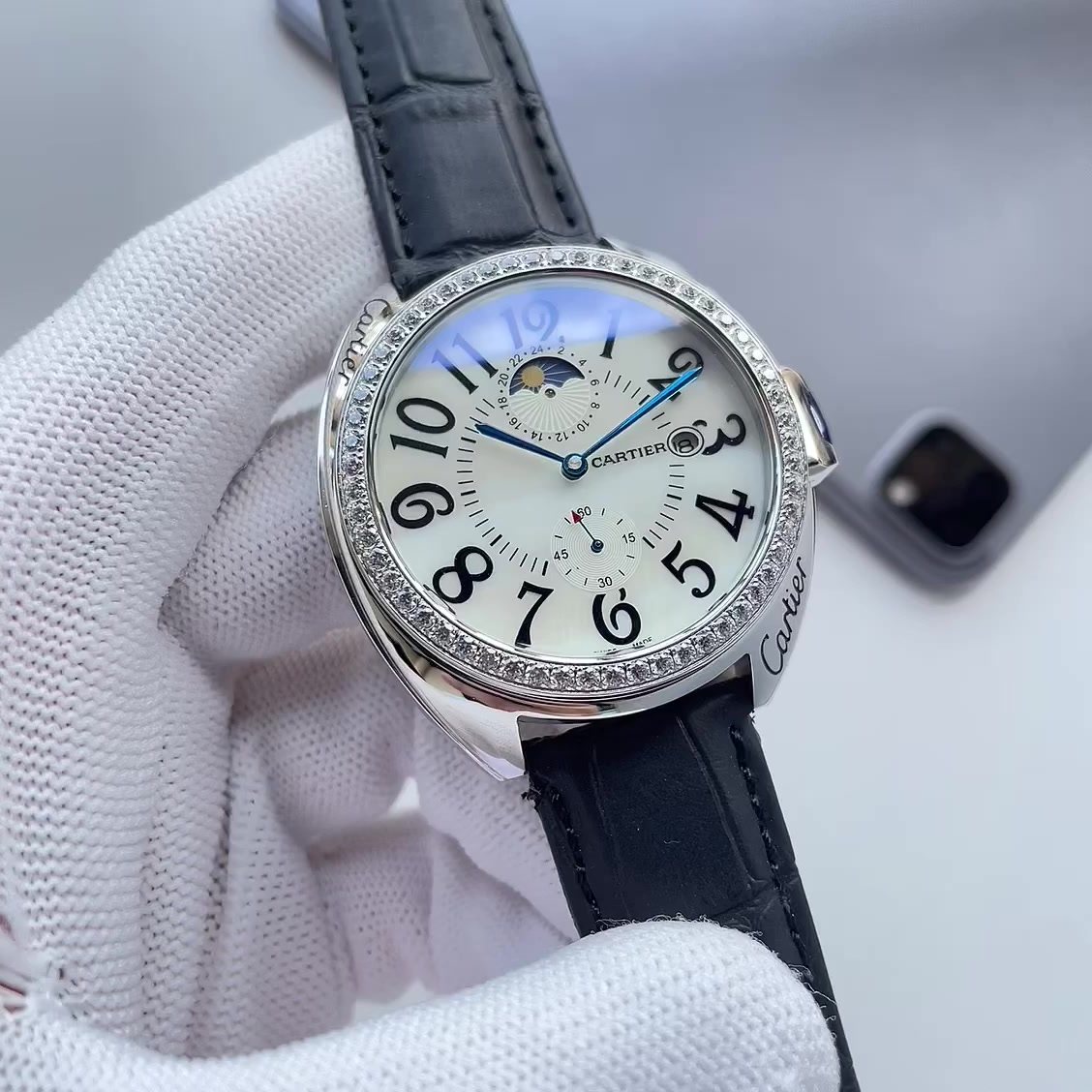 Cartier Crystal Bezel Black Strap Watch