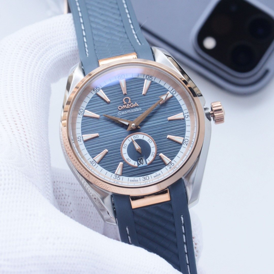 OMEGA Two Tone Silver Blue Dial Strap Watch