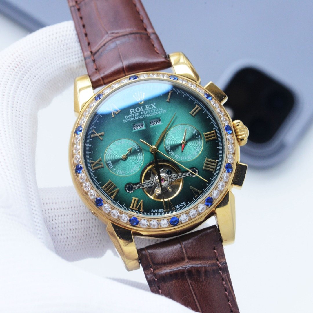 Rolex Gold Brown Green Dial Strap Watch