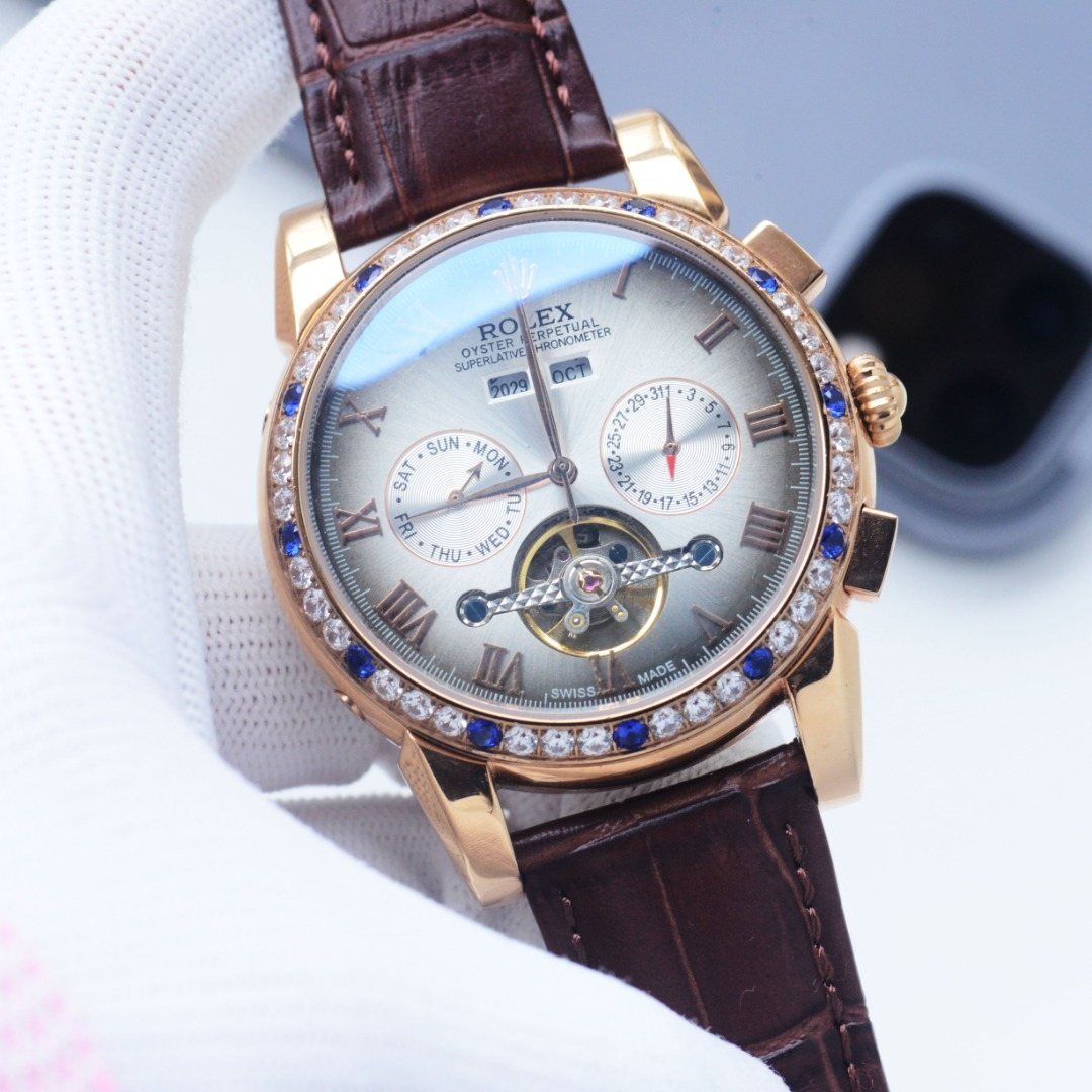 Rolex Rose Gold Brown White Dial Strap Watch