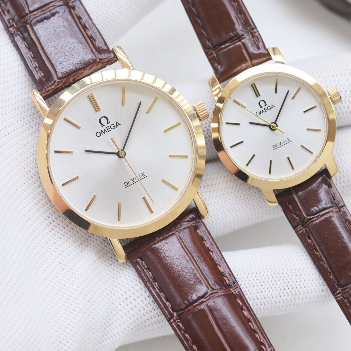 Omega Gold Brown Strap Couple Watch Set