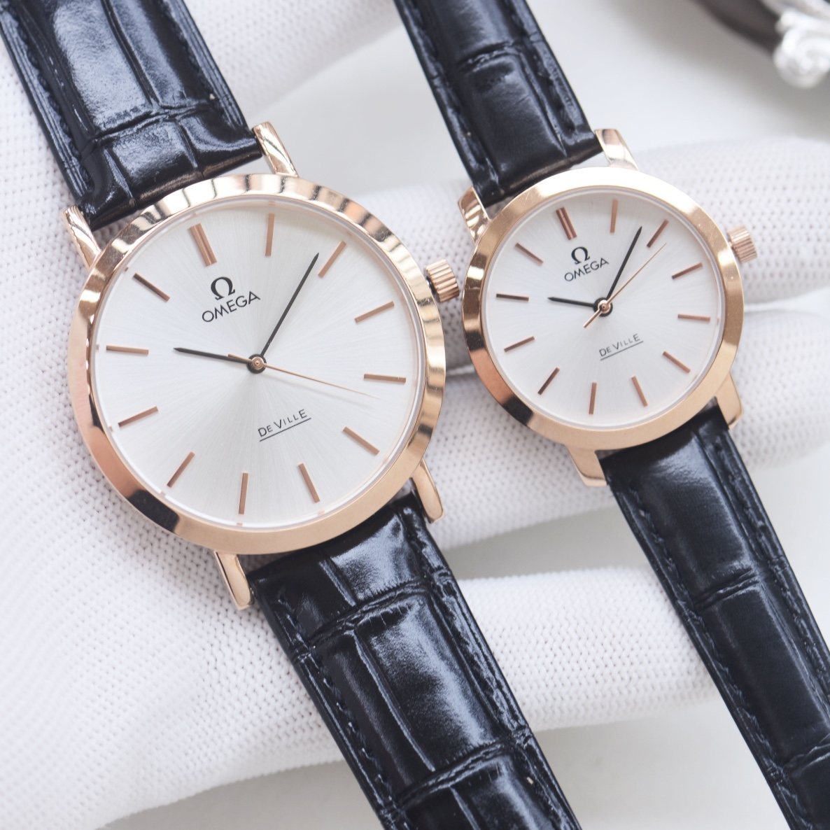 Omega Rose Gold Black Strap Couple Watch Set