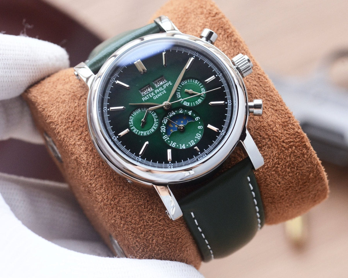 Patek Philippe Silver Green Dial Leather Strap Watch