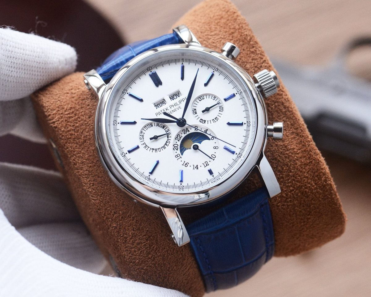 Patek Philippe Silver Blue White Dial Leather Strap Watch
