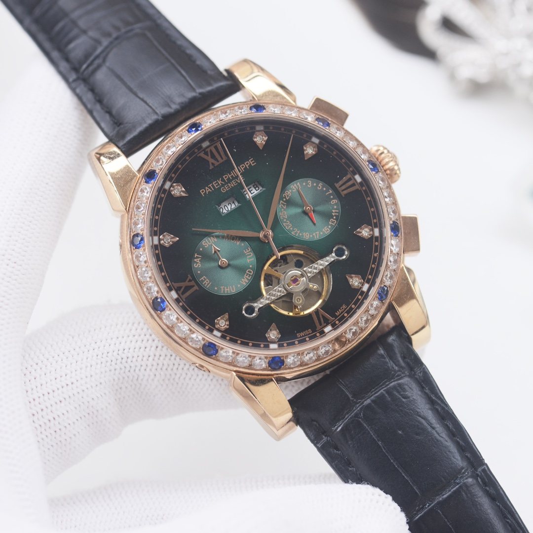 PATEK PHILIPPE Rose Gold Green Blue Dial Strap Watch