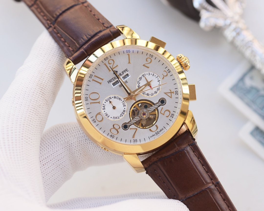 Patek Philippe Gold Brown White Dial Strap Watch