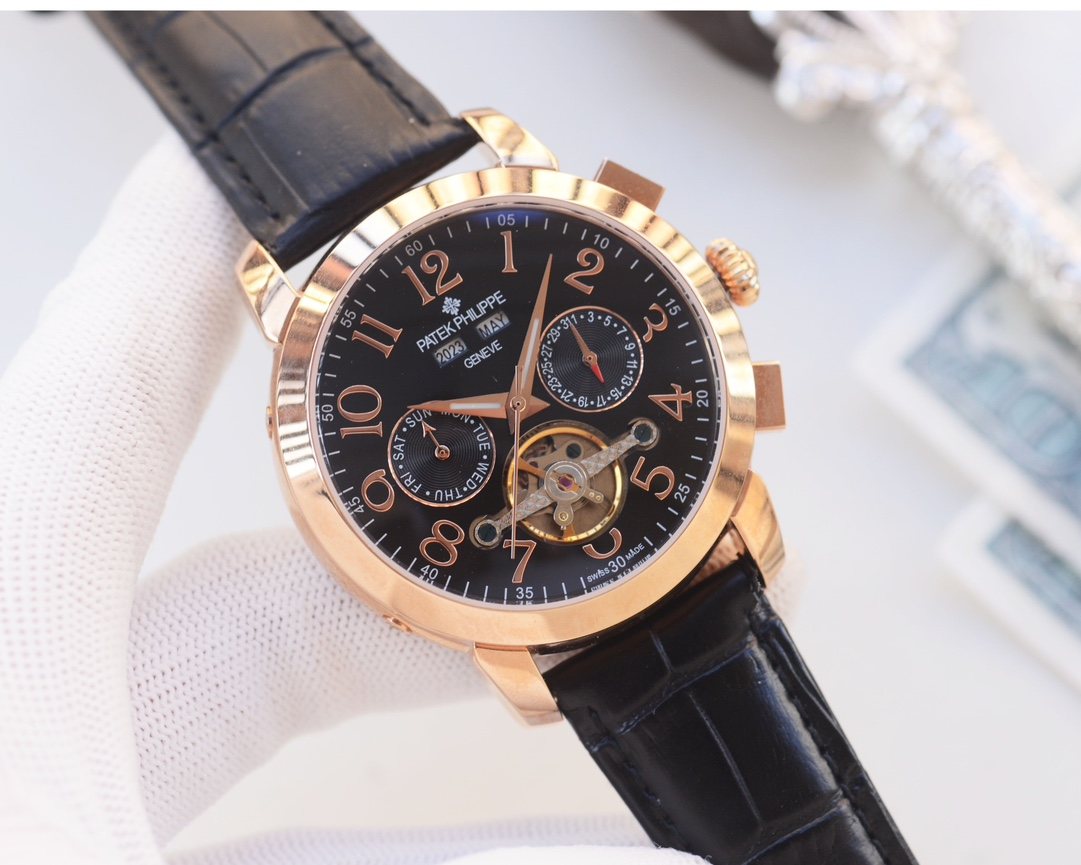 Patek Philippe Rose Gold Black Dial Strap Watch