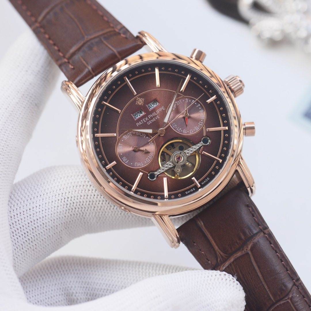 PATEK PHILIPPE Rose Gold Brown Leather Strap Watch