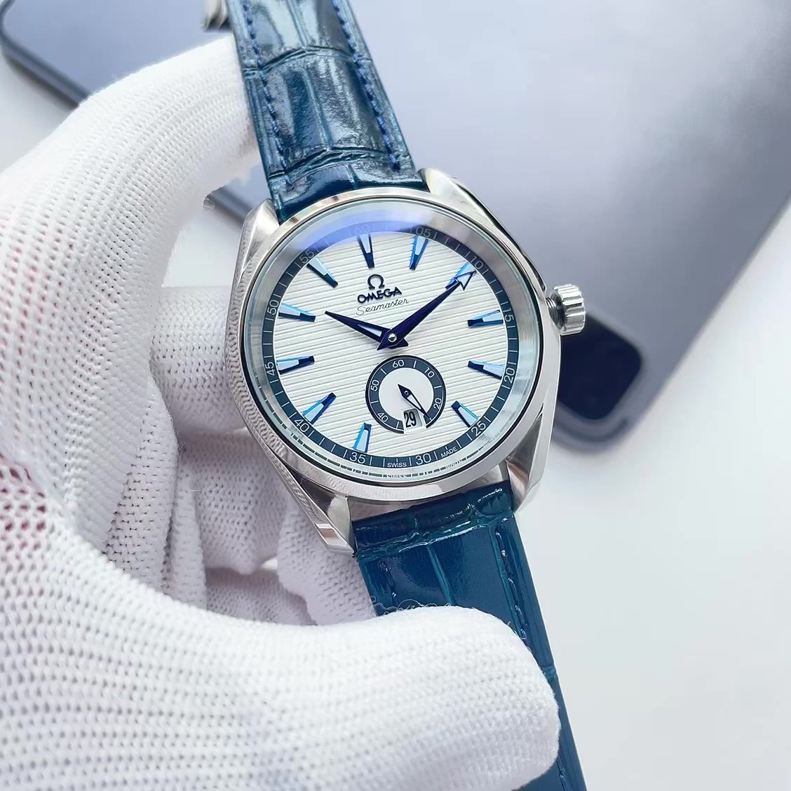 Omega White Dial Blue Leather Strap Watch